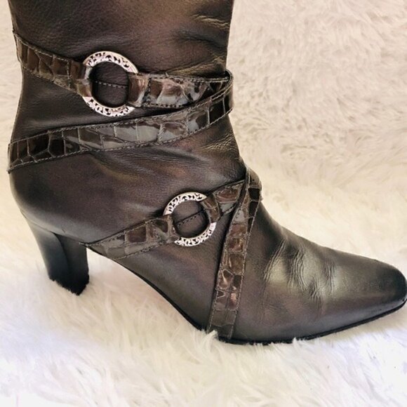 Brighton Heeled Boots 7.5 Risque Leather Mid-Calf Alligator Pewter Silver - Picture 4 of 11